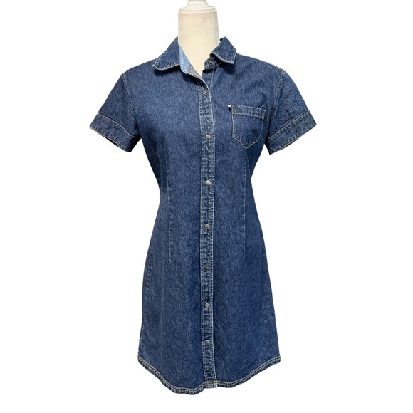 Vtg 90s Tommy Jeans Denim Mini Shirt Dress Womens L Western Rodeo Cowgirl Prep - Picture 2 of 16